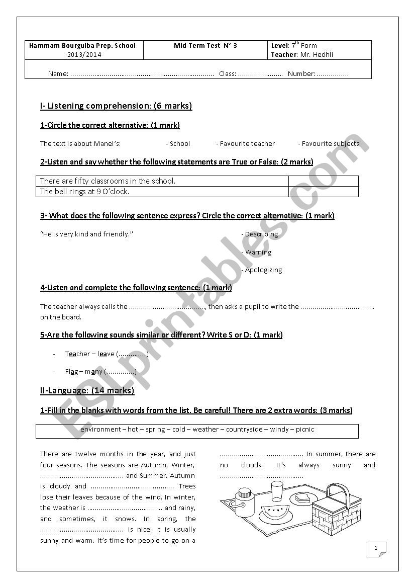 Mid-term Test N 3 7th Form (Version 1)