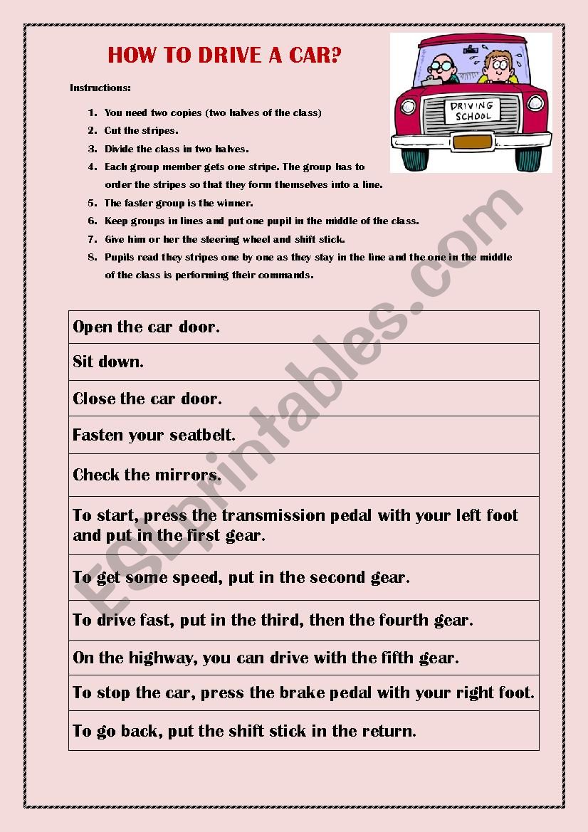 How to drive a car worksheet