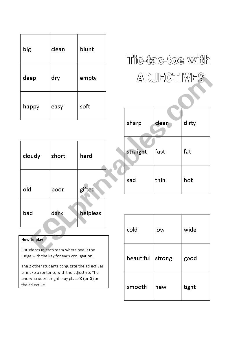 Tic tac toc Adjectives game worksheet