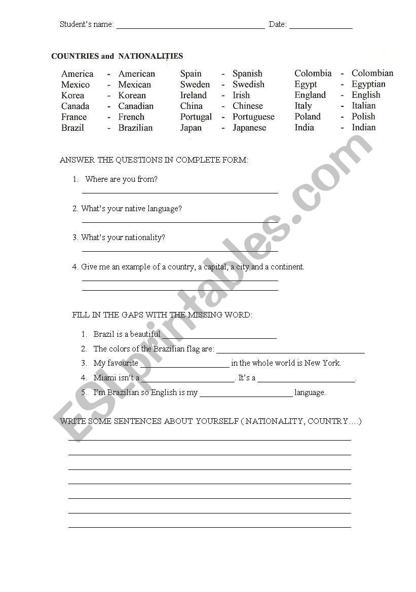 countries and nationalities worksheet