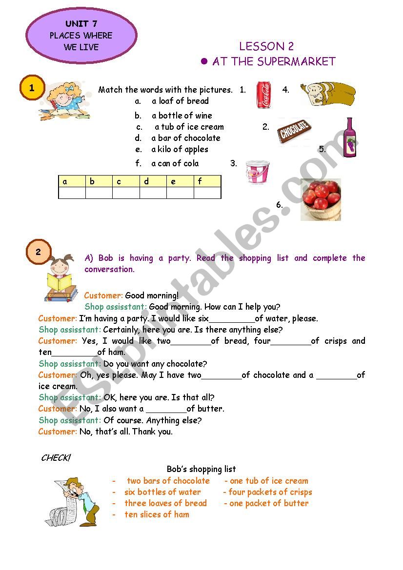 At the supermarket worksheet