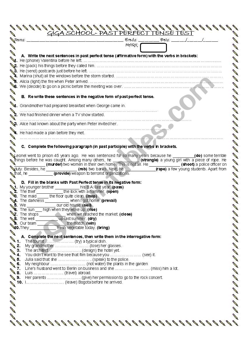 PAST PERFECT TENSE TEST worksheet