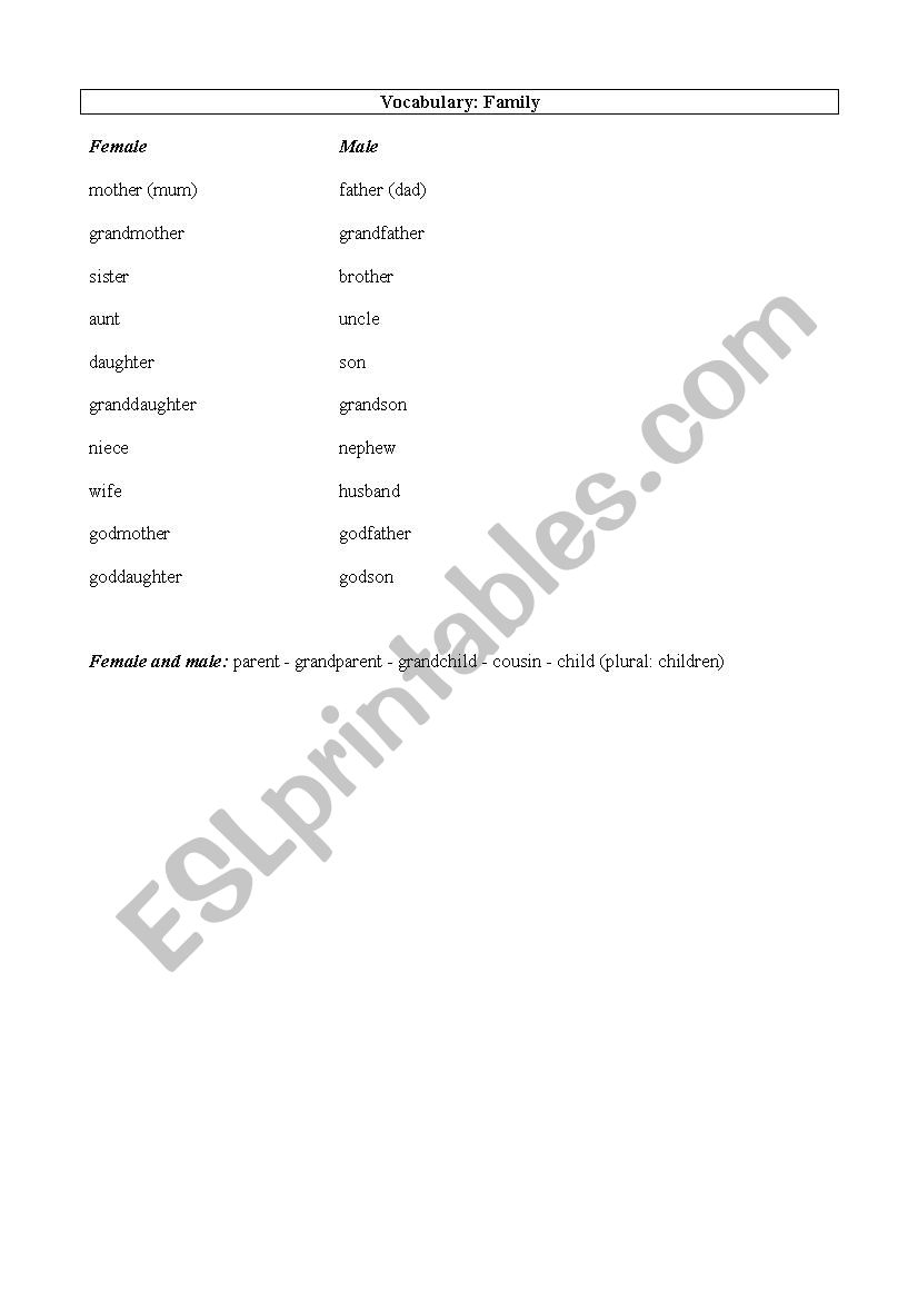 Family vocabulary worksheet