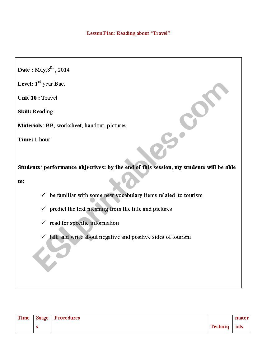 a lesson paln about travel reading text a lesson paln about travel reading text