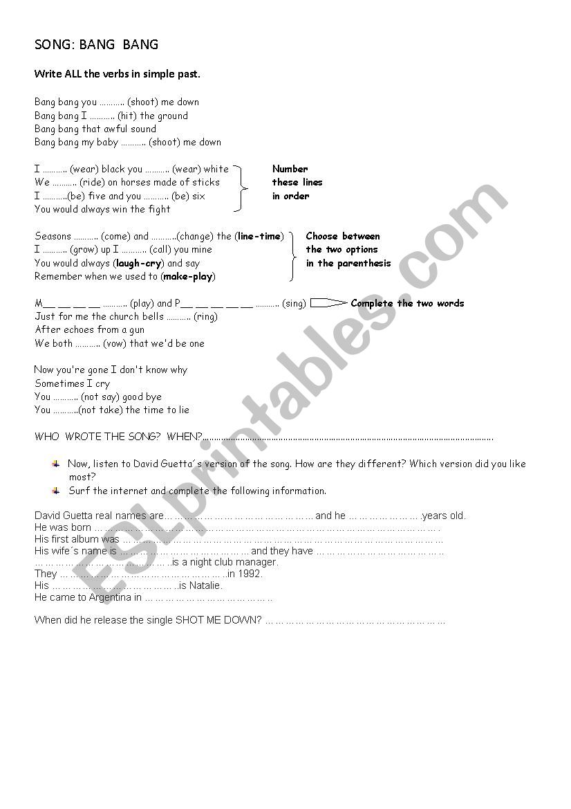 Song BANG BANG  worksheet