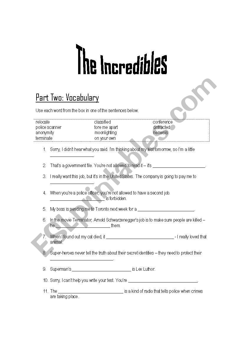 The Incredibles Part Two worksheet