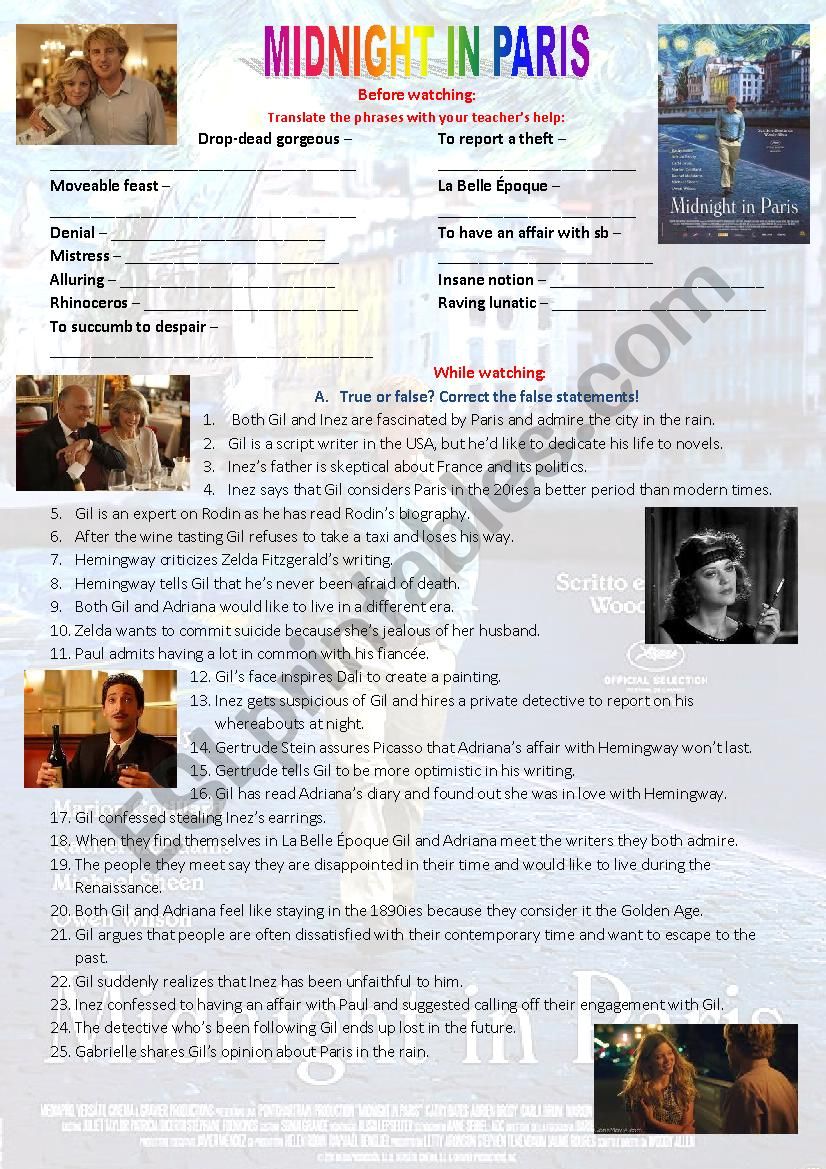 MIDNIGHT IN PARIS full movie worksheet