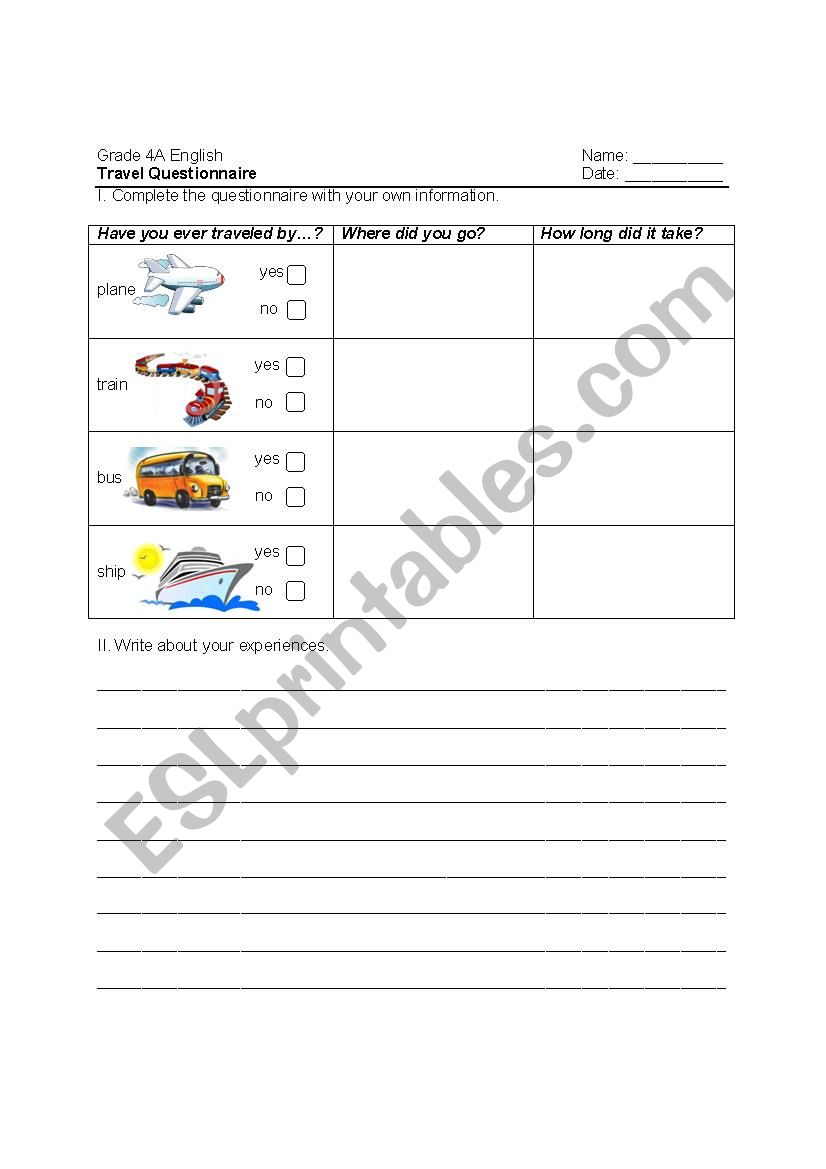 Travel Questionnaire worksheet