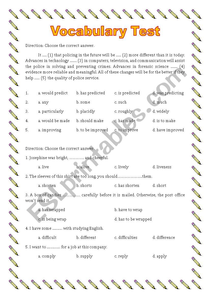 Cloze test worksheet