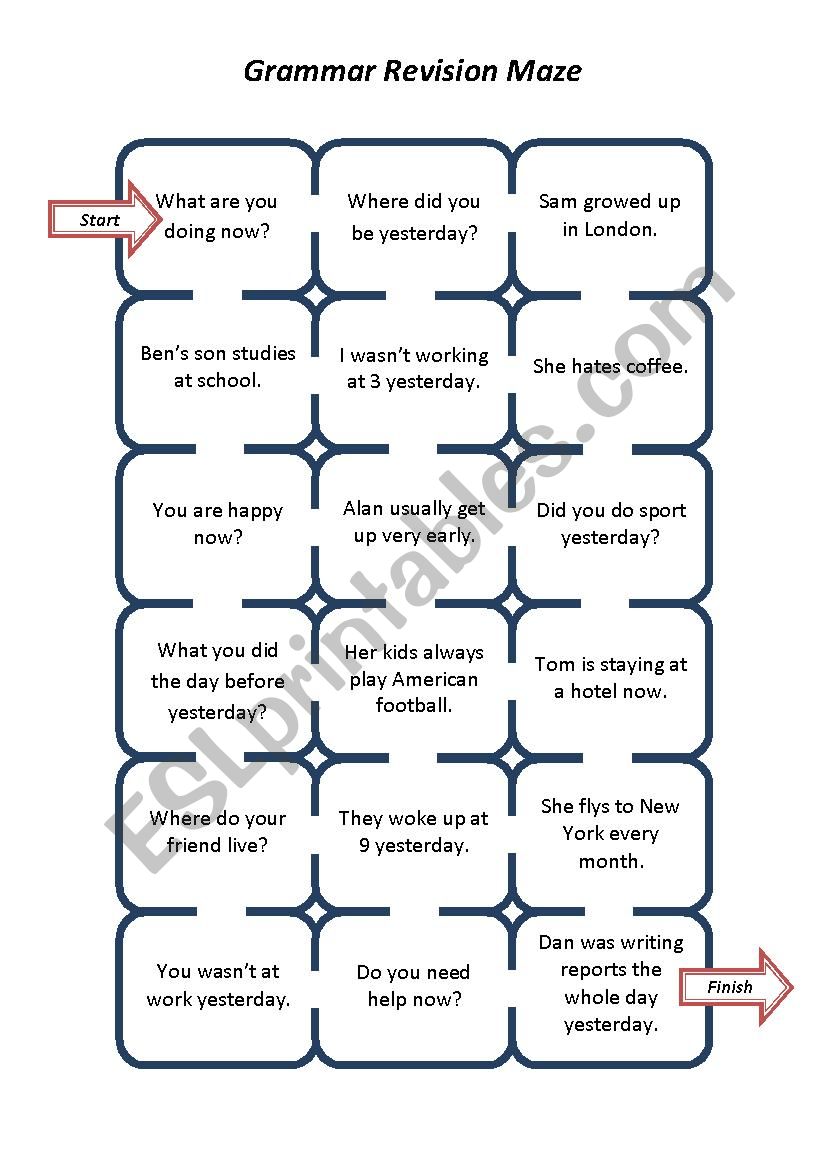 Grammar Revision Maze (Present Simple - Present Continuous - Past Simple - Past Continuous)