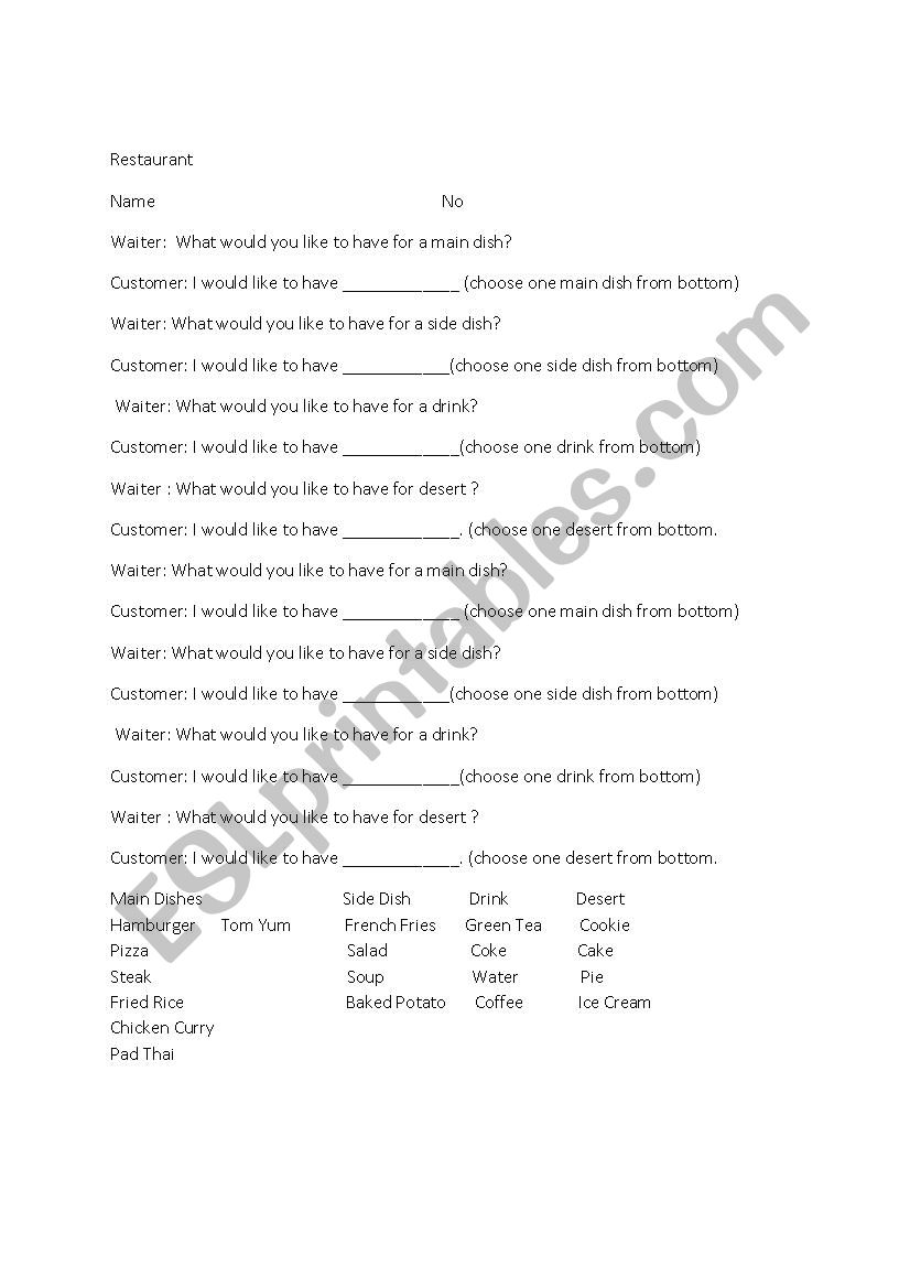 Restaurant menu worksheet