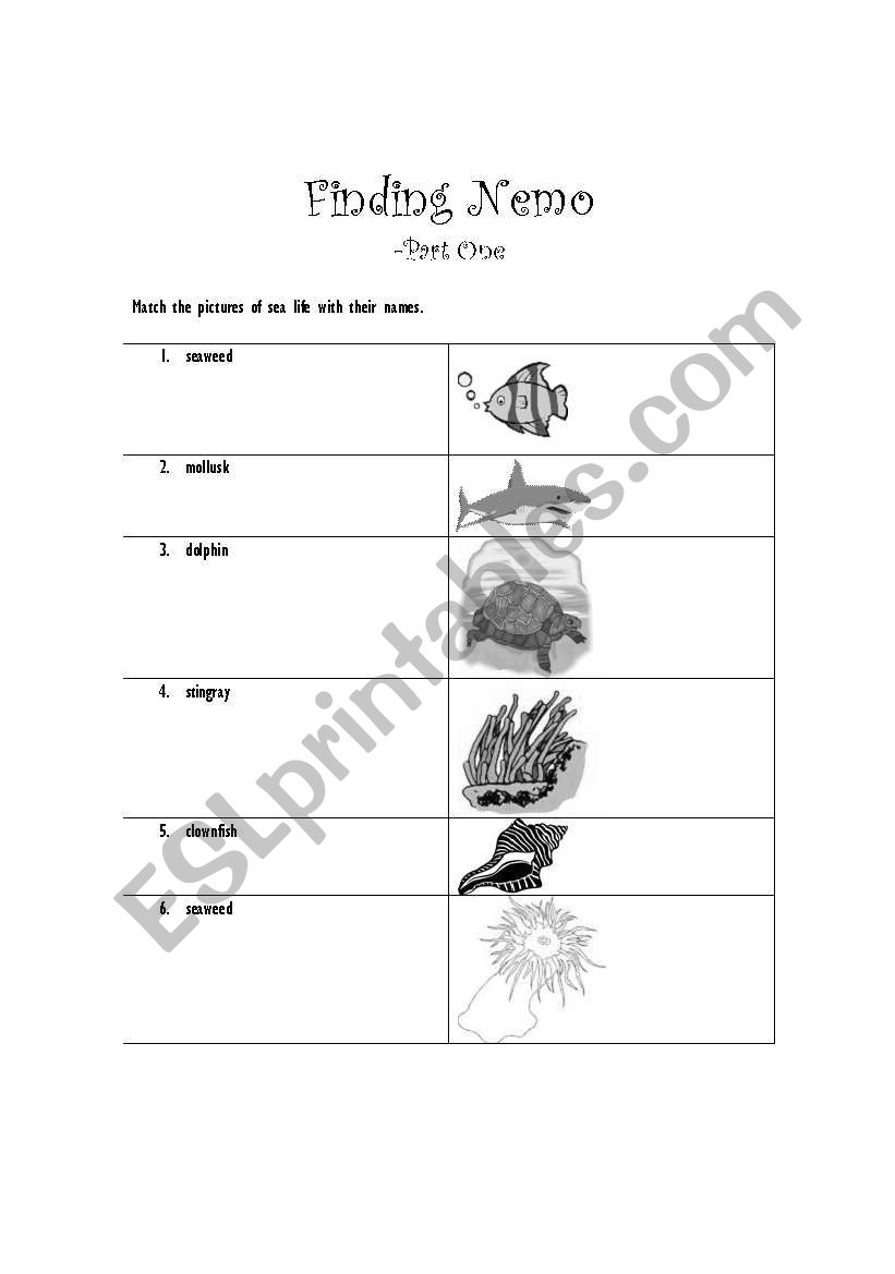 Finding Nemo Part A worksheet