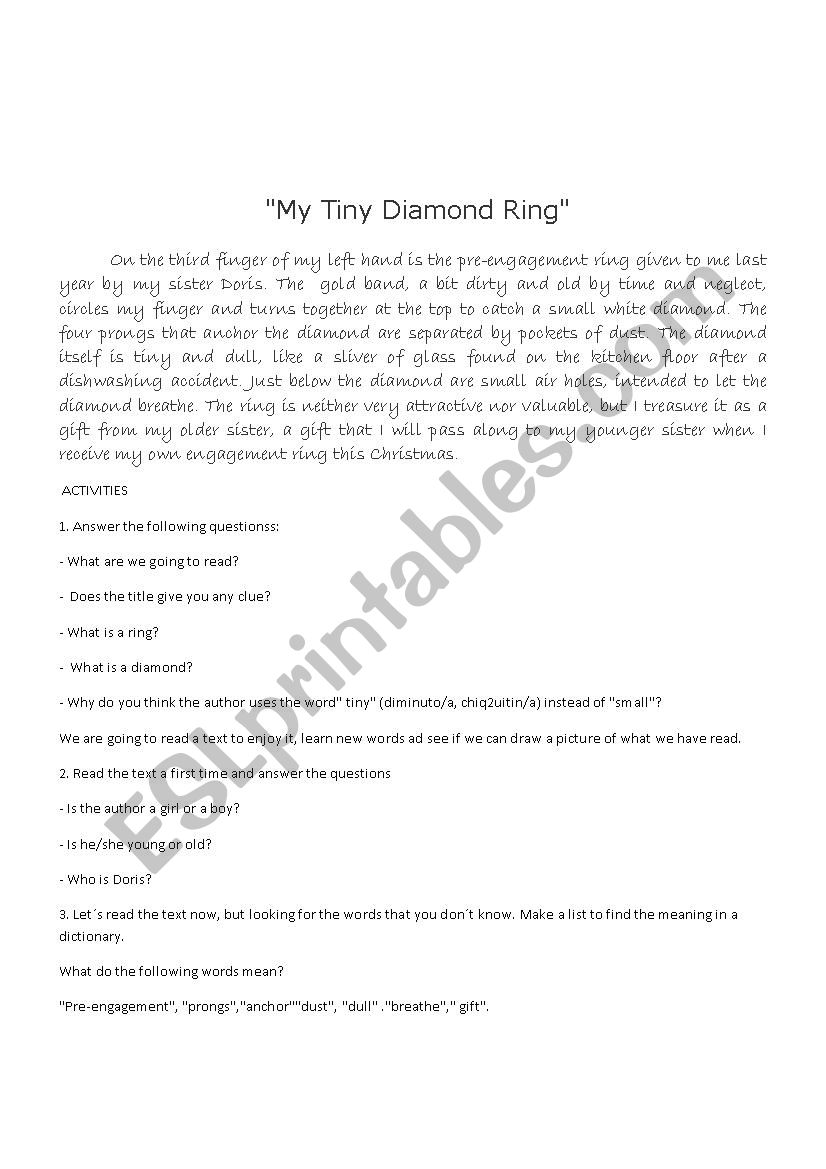 My tiny diamond ring worksheet