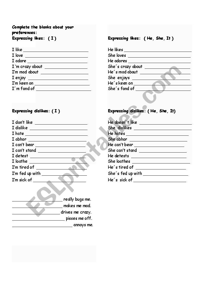 Expressing likes and Dislikes worksheet