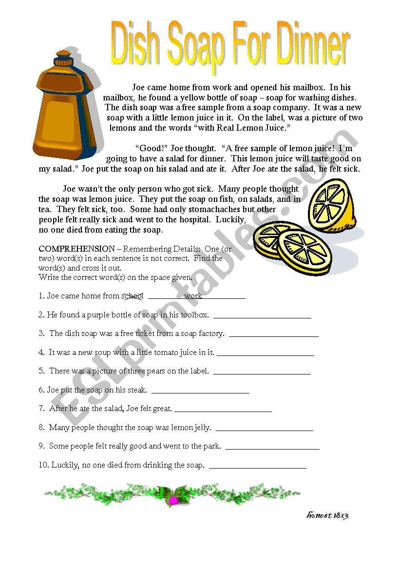 Dish Soap for Dinner worksheet