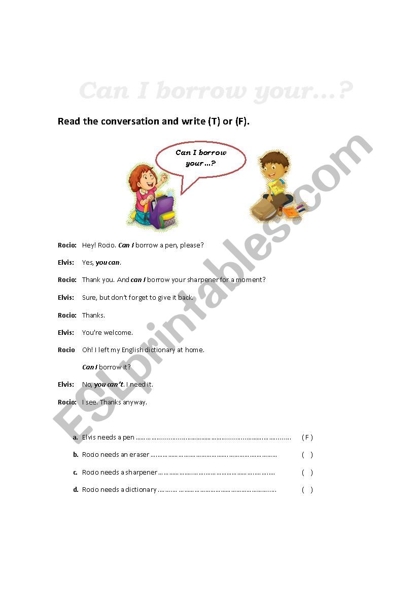 SCHOOL OBJECTS Reading worksheet