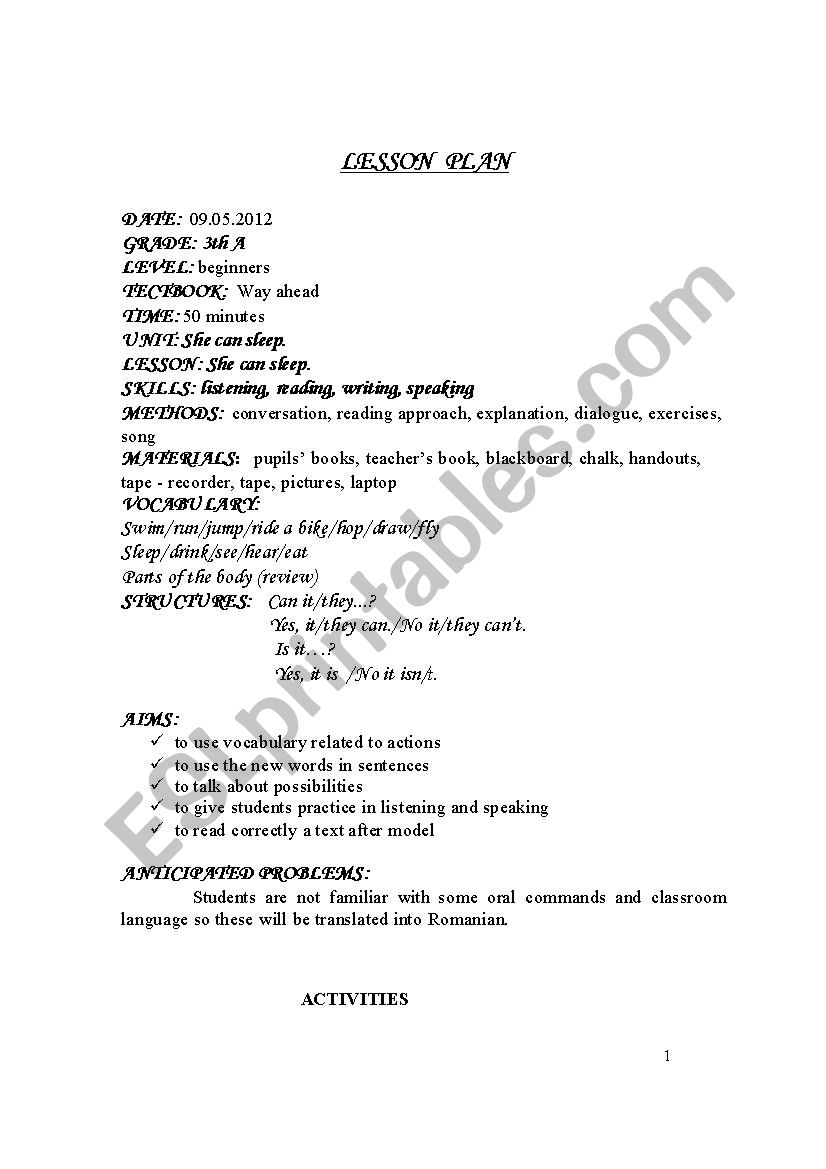 CAN - lesson plan worksheet