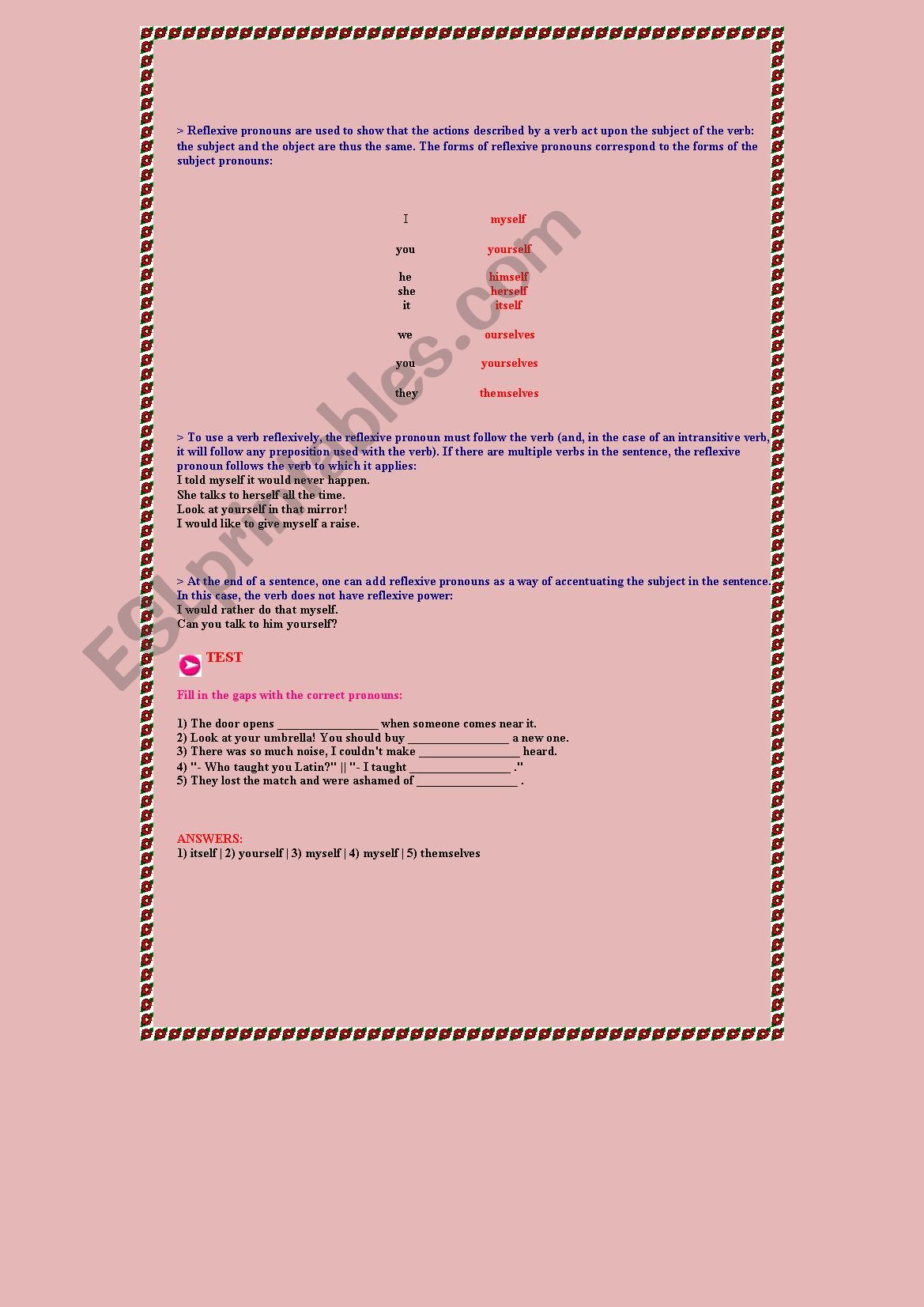 reflexsive pronouns worksheet