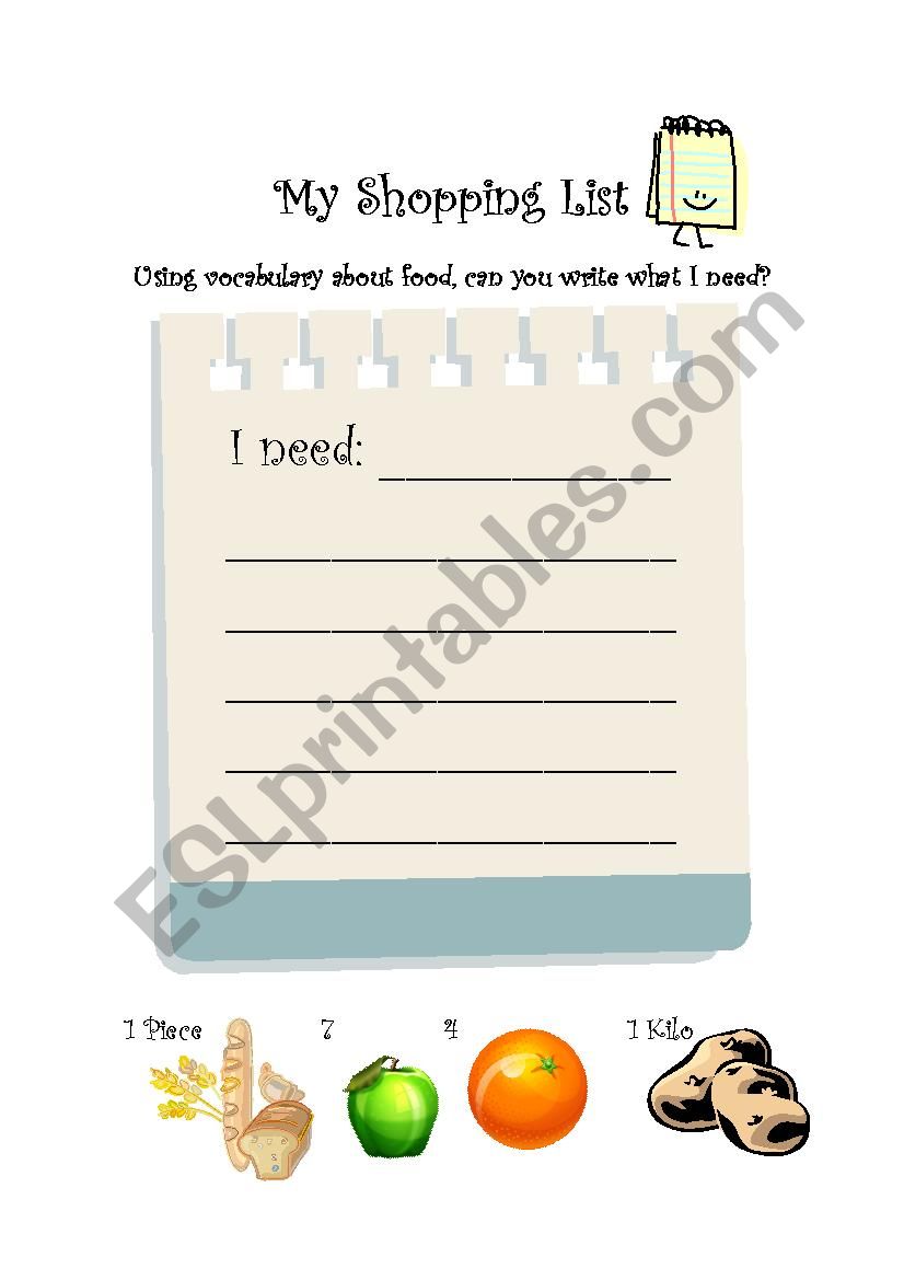 My shopping list worksheet