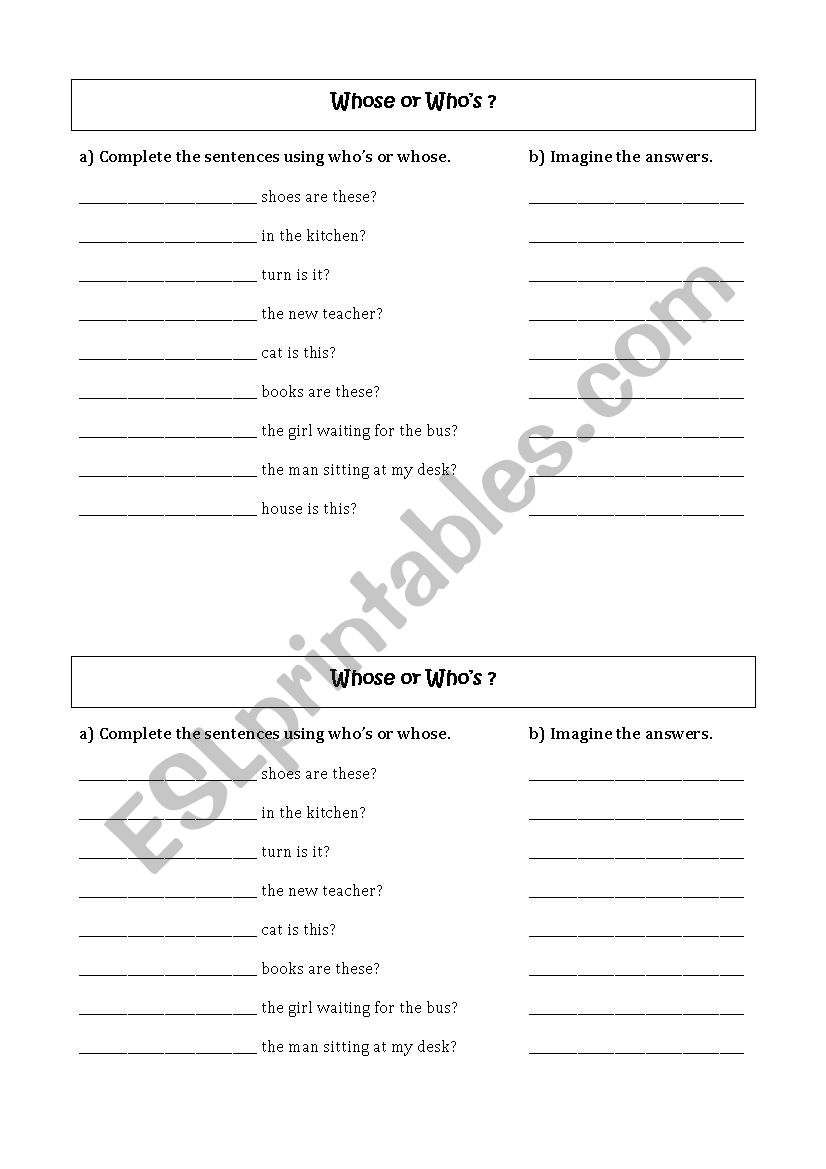 Whose or whos worksheet