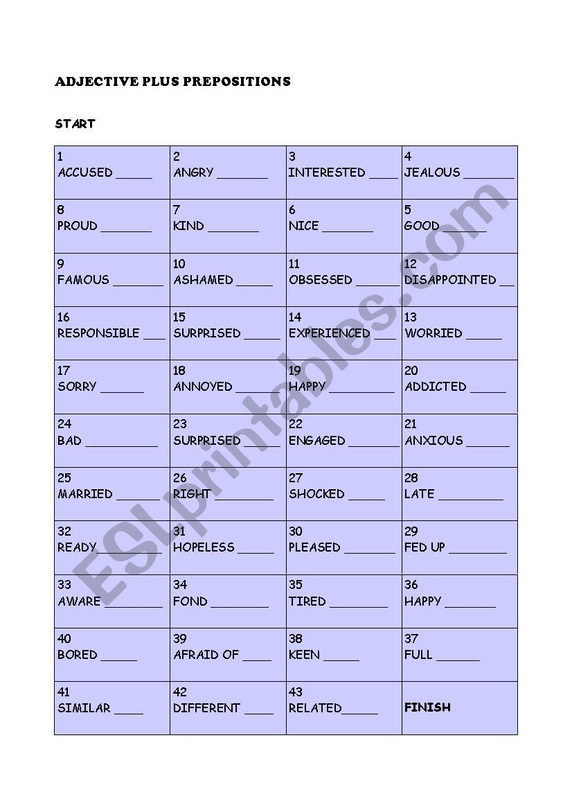 ADJECTIVES PLUS PREPOSITIONS BOARD GAME