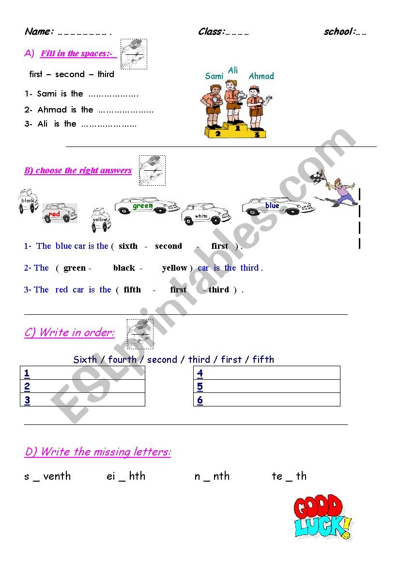 The ordinal numbers test worksheet