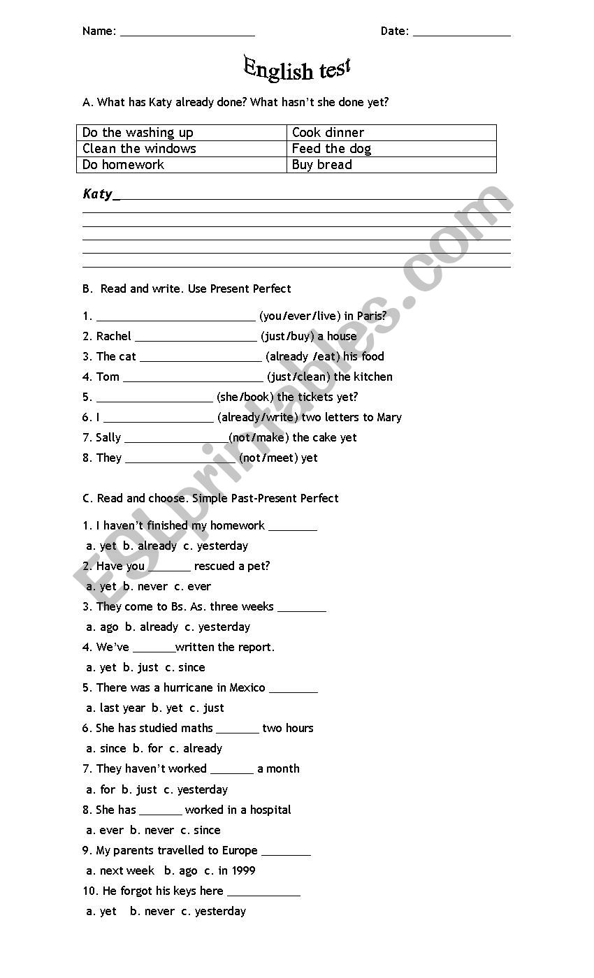 Present Perfect Test worksheet