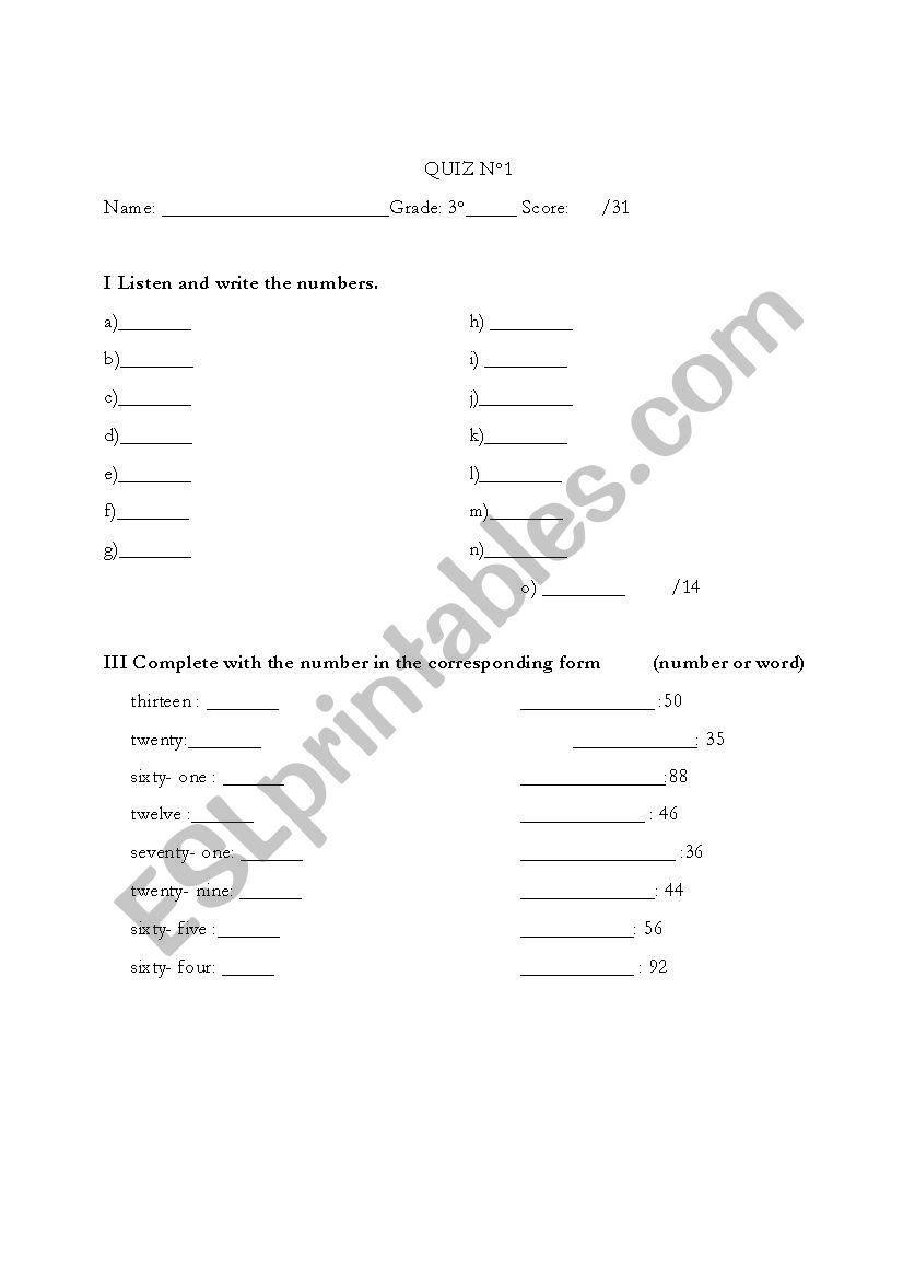 numbers Quiz worksheet