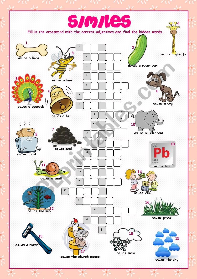 Similes Crossword Puzzle worksheet