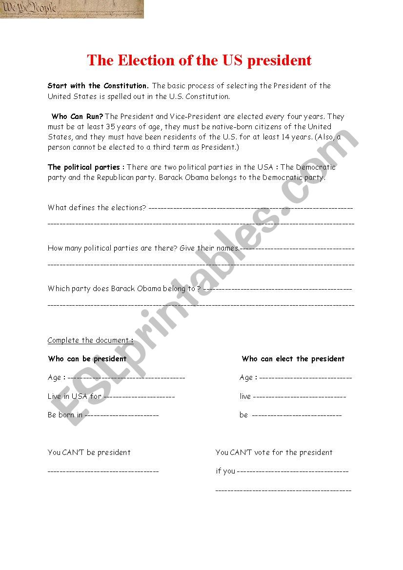 Election of the US president worksheet