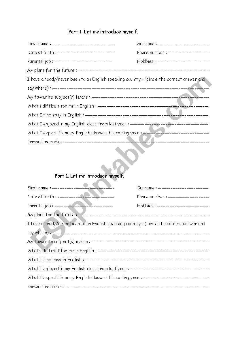 Let me introduce myself worksheet