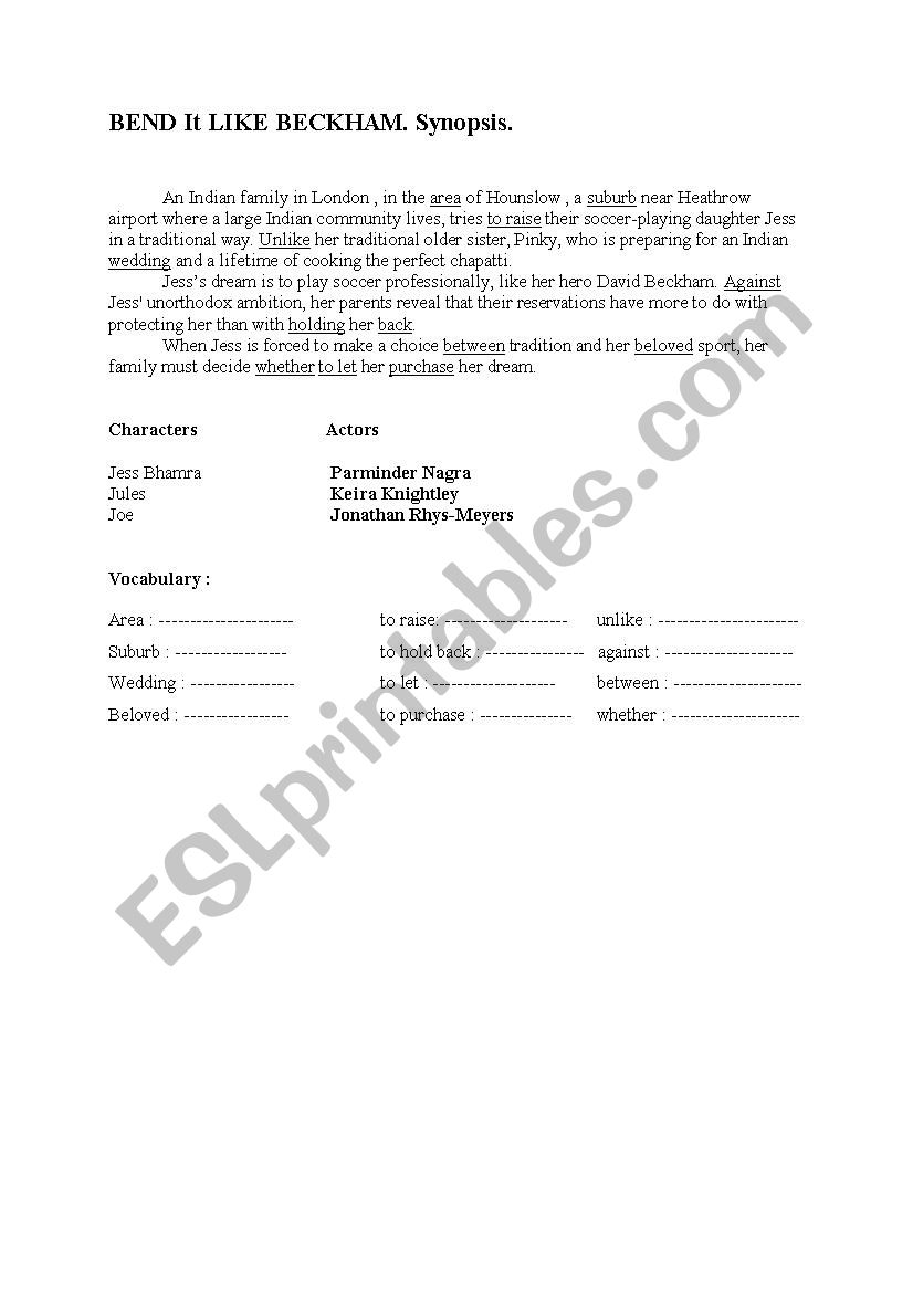 Bend it like Bekham worksheet
