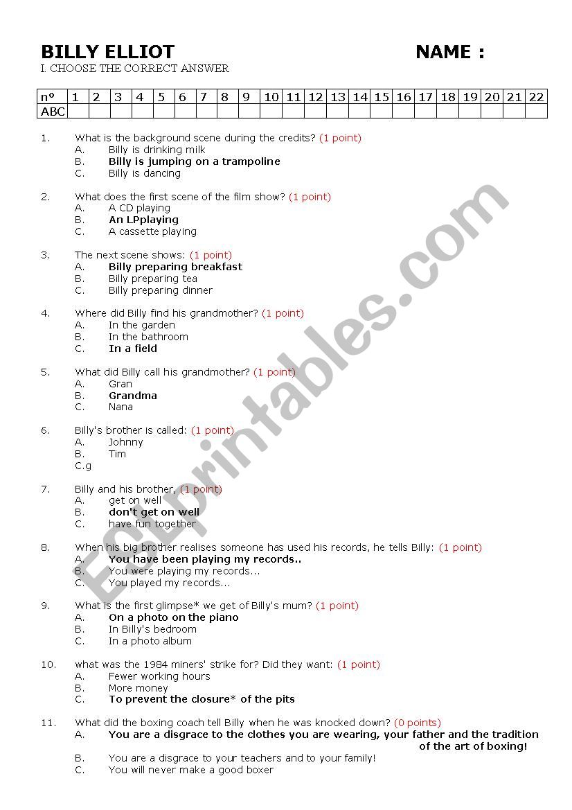 Billy Elliot worksheet
