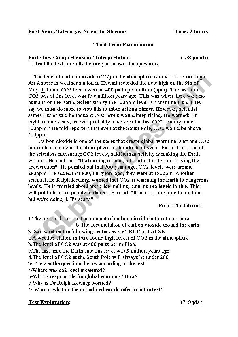 The level of co2 worksheet