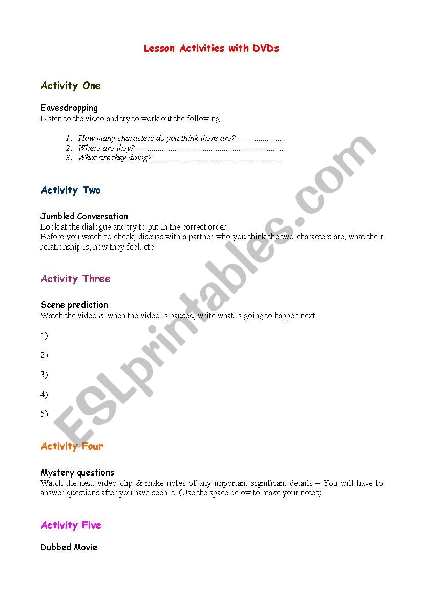 Lesson Activities with DVDs worksheet