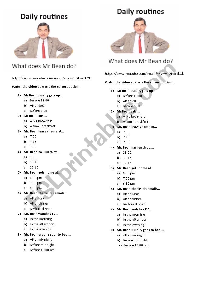 Mr Bean Daily Routine worksheet