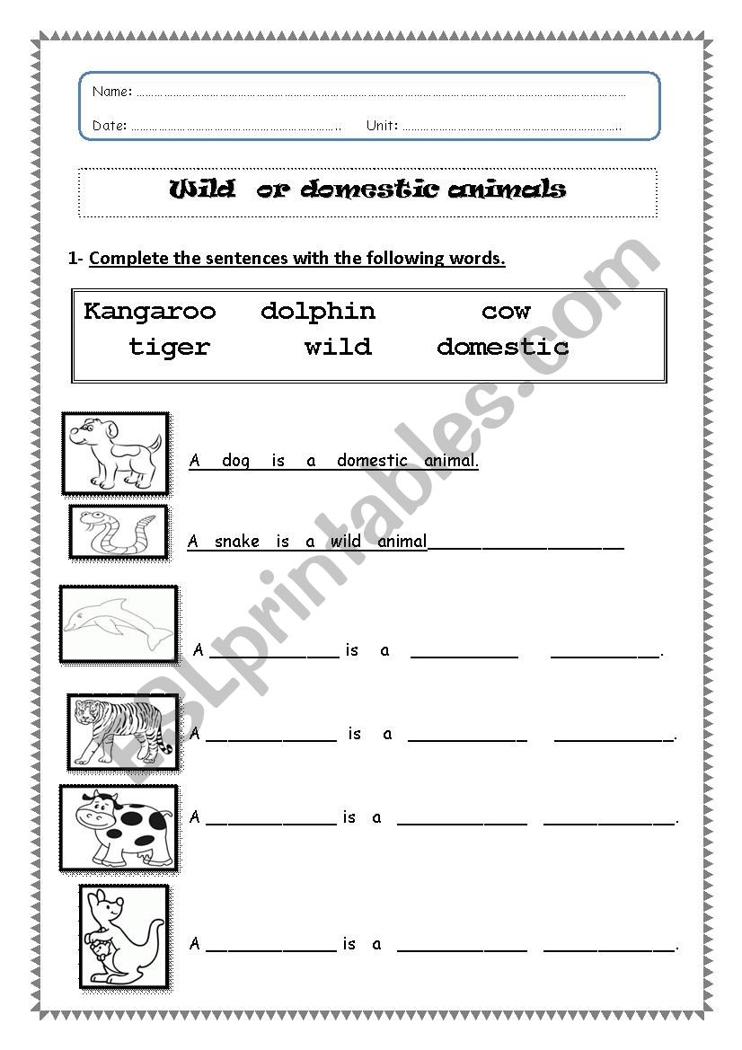 wild or domestic animal worksheet