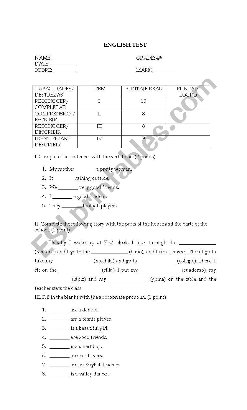 verb to be test worksheet