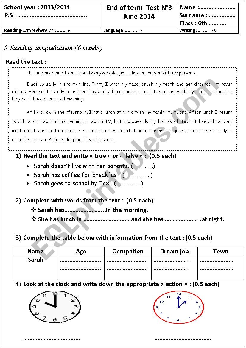 end of term Test n3 worksheet