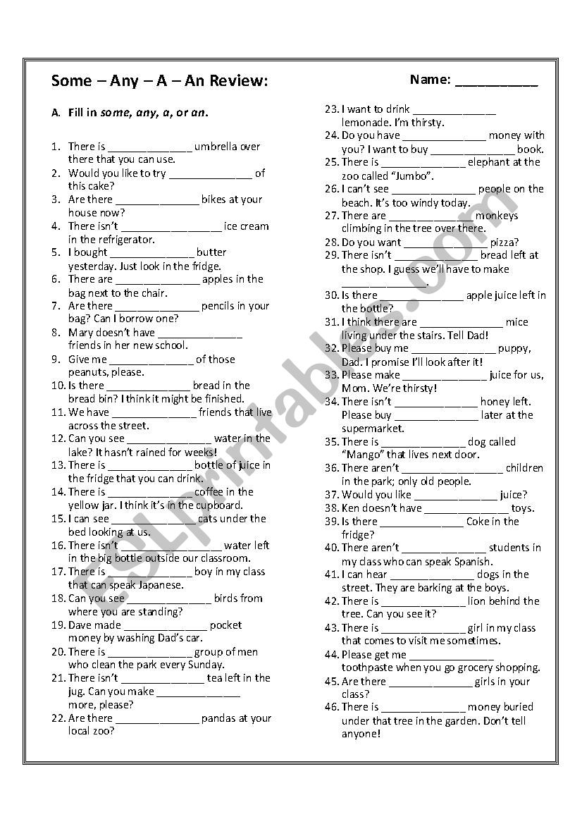 Some / Any / A / An REVIEW worksheet