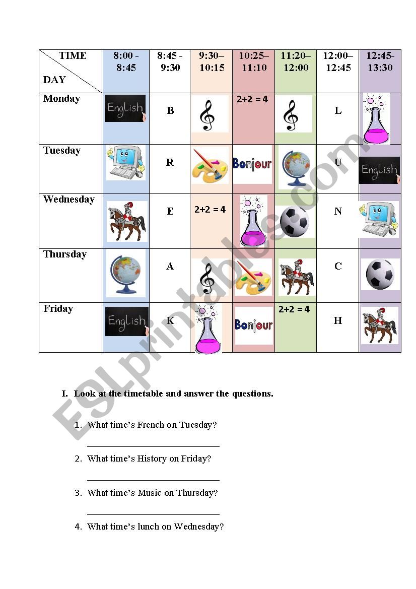 Timetable worksheet