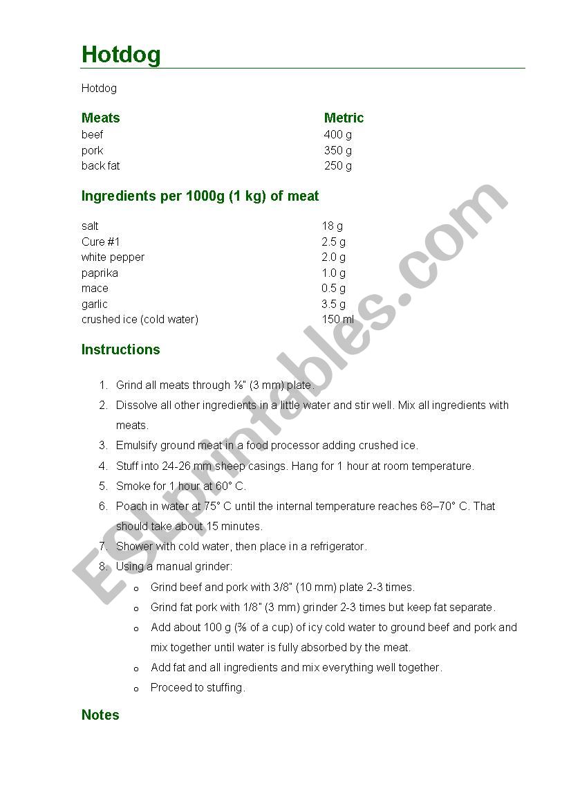 Hot dog recipe worksheet