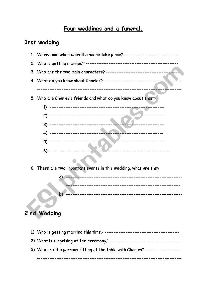 Four weddings and funeral worksheet