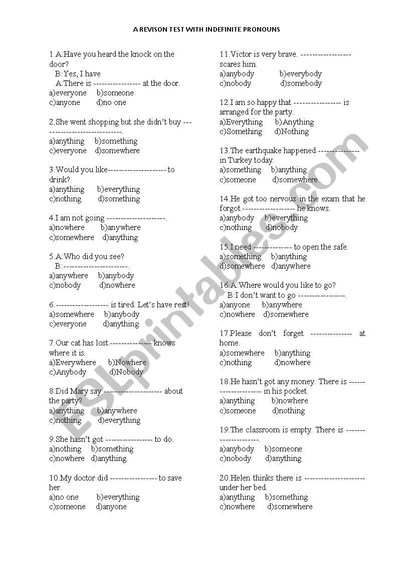 Indefinite Pronouns worksheet