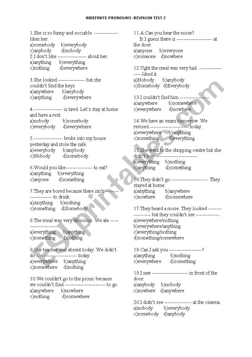 Indefinite Pronouns worksheet