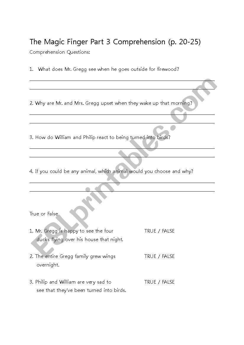 The Magic Finger Comprehension Questions