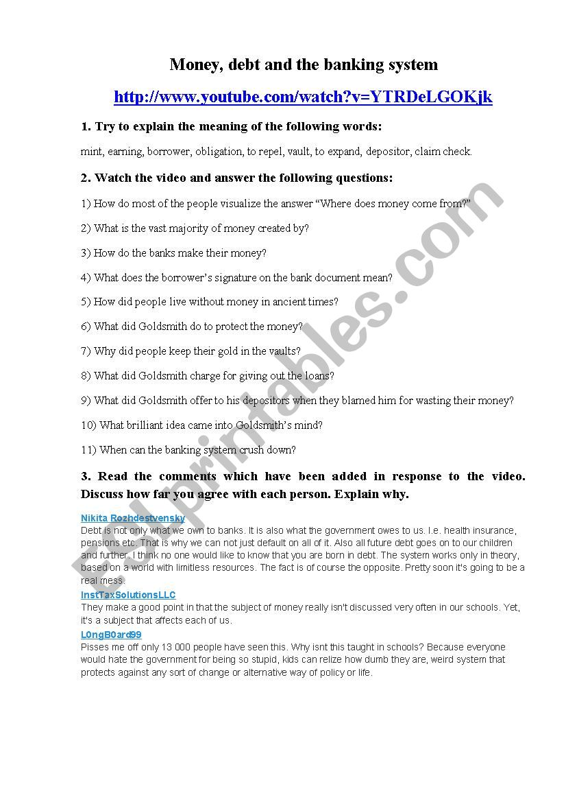 Money,debt and banking system worksheet