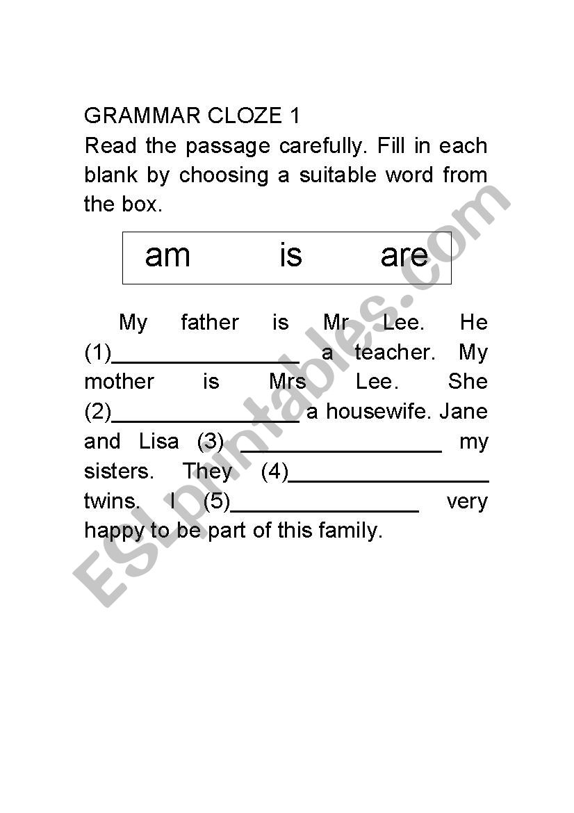 Grammar Cloze 1 worksheet