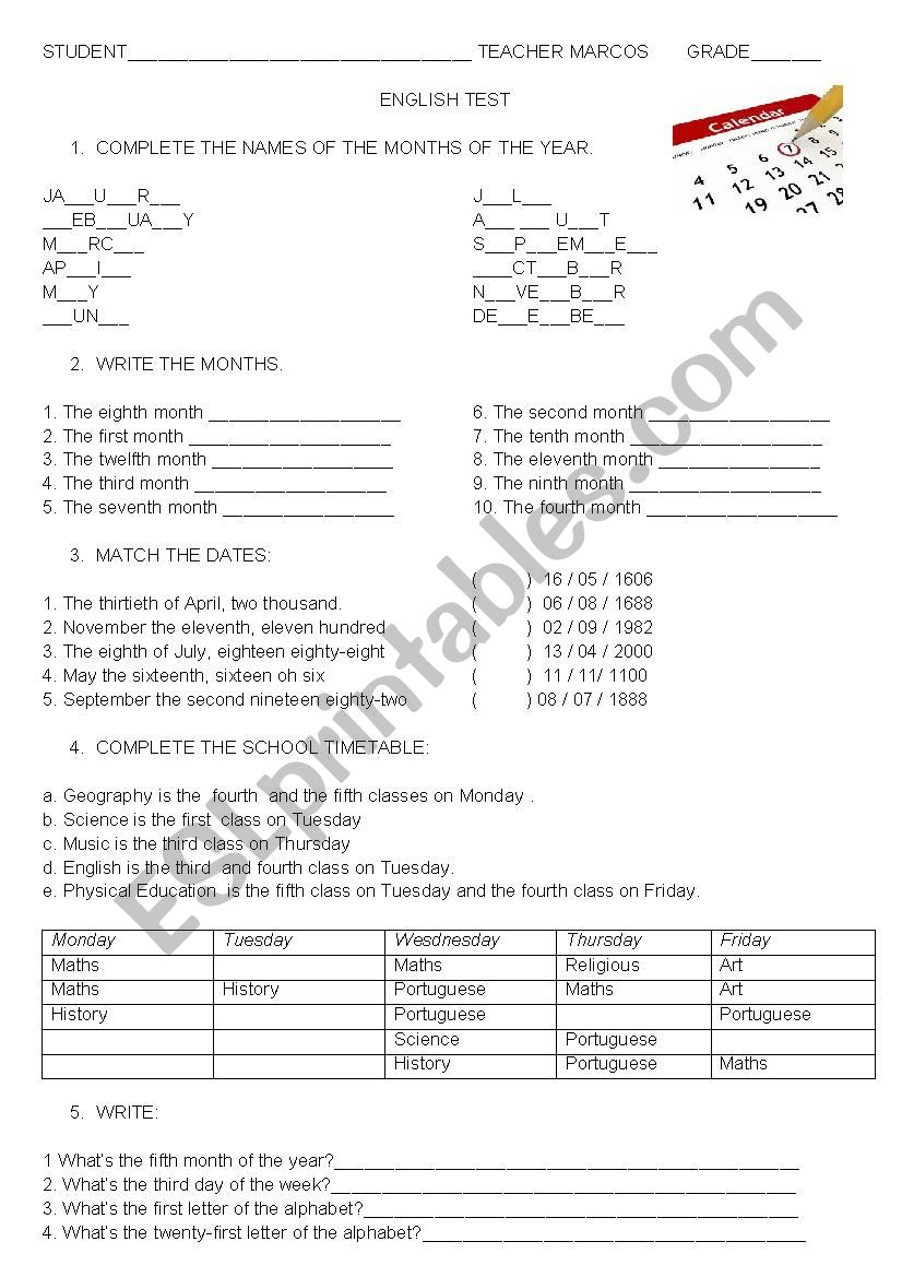 Ordinal Numbers - Test worksheet