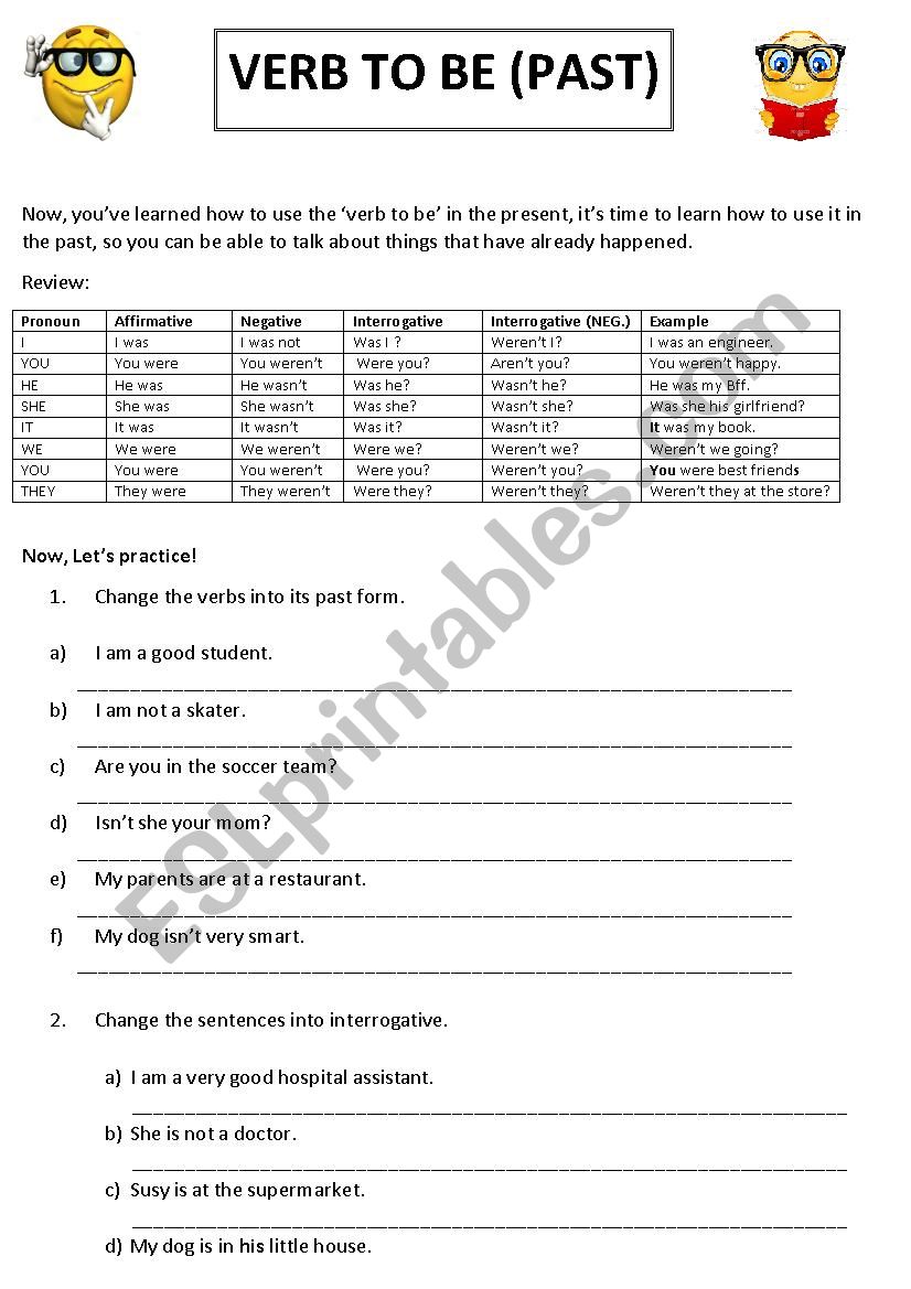 Verb to be exercises (past) worksheet
